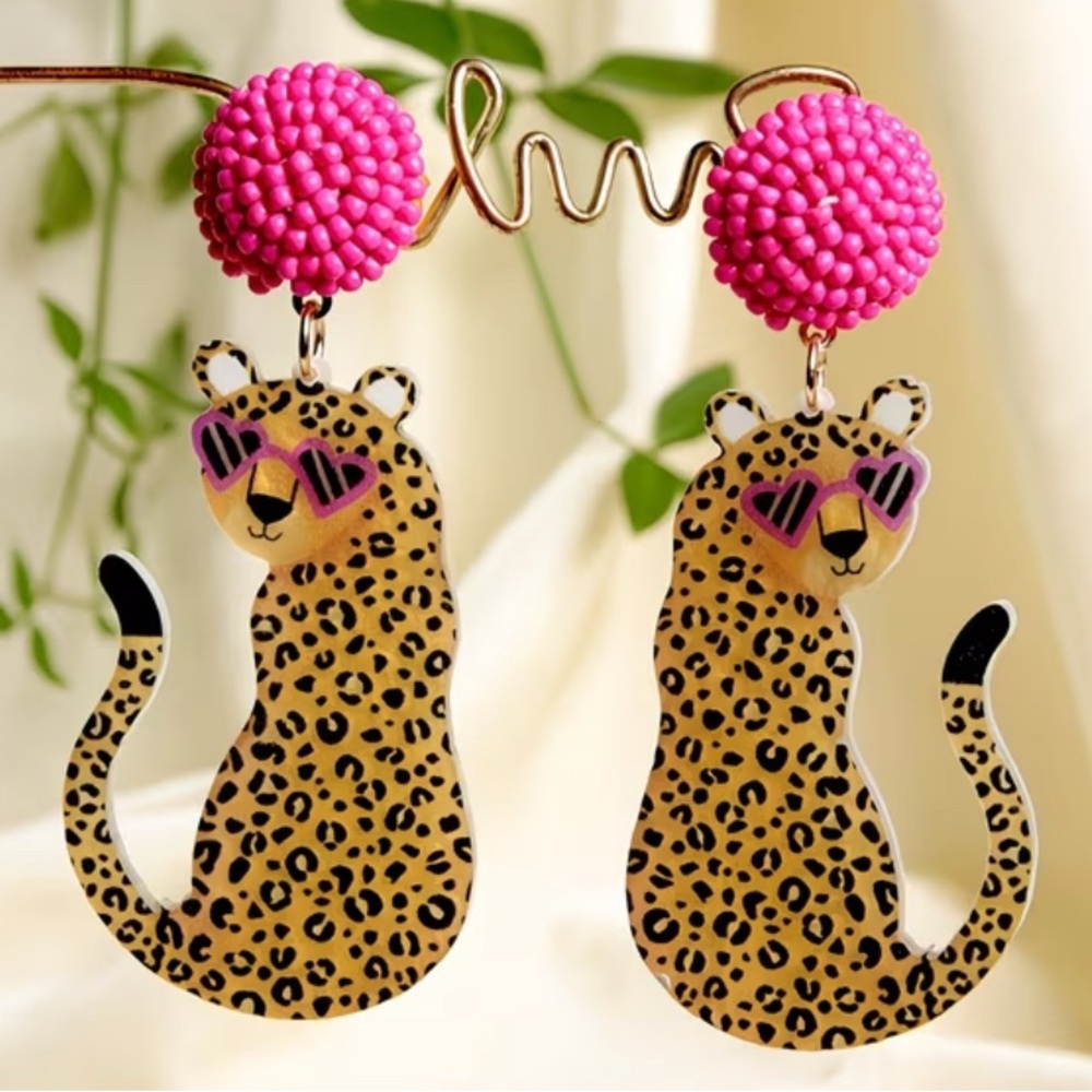 Leopard Print Earrings with Pink Accents